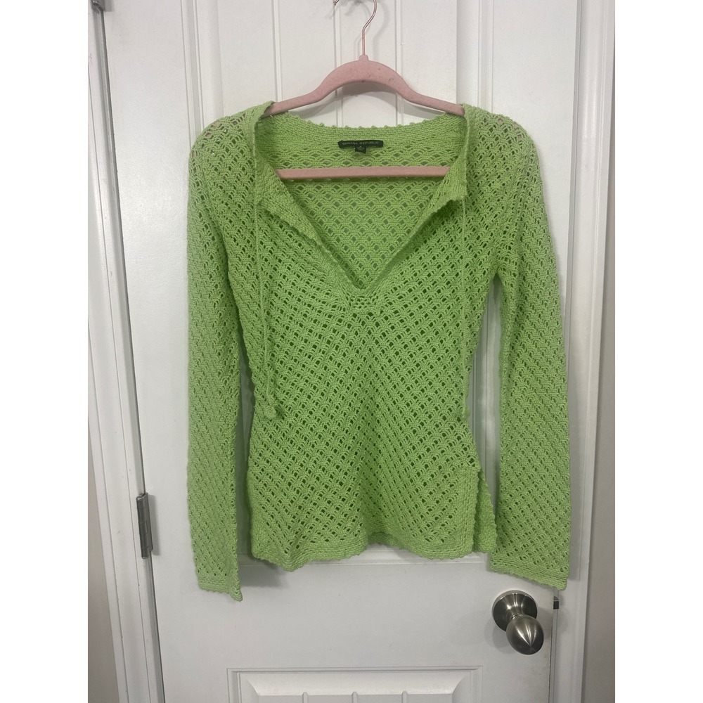 Banana Republic Lime Green Crochet Knit V-Neck Sweater 100% Cotton Small